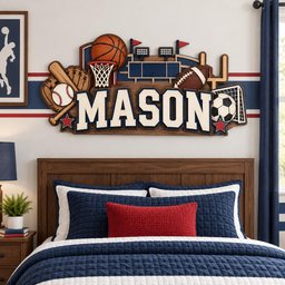 May include: A multi-layered wooden wall sign featuring the name MASON in large white letters with blue outlines. The design includes a basketball, baseball, glove, football, and soccer ball, along with a stadium graphic and two red stars.