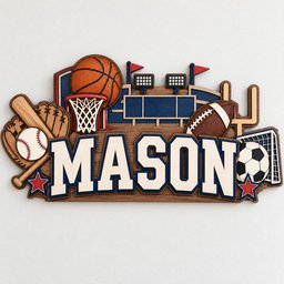 May include: A multi-layered wooden wall sign featuring the name MASON in large white letters with blue outlines. The design includes a baseball, bat, glove, basketball, hoop, football, goal post, and soccer ball with a stadium background and red stars.