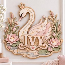 May include: A decorative wall sign featuring a layered wooden swan wearing a gold crown, surrounded by pink lotus flowers and cattails. The name IVY is centered in large, light-colored block letters. The design includes soft pastel tones.