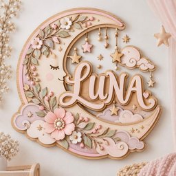 May include: A wooden wall sign shaped like a crescent moon with a sleeping face, decorated with light pink flowers, green leaves, and clouds. The name LUNA is written in large, raised script letters, accented with hanging stars and small beads.