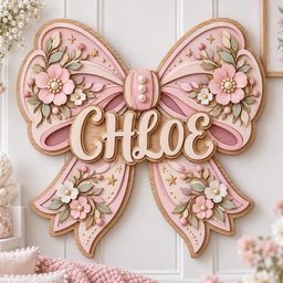 May include: A decorative wooden wall sign shaped like a large bow, featuring layered shades of pink and cream. The center is adorned with three white pearls, and the surface is decorated with floral accents, small stars, and the name CHLOE in script.