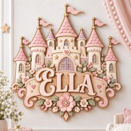 May include: A decorative wall sign featuring a castle design with pink and cream towers, topped with small flags. The center displays the name ELLA in large, raised lettering on a banner, surrounded by sculpted pink flowers and green leaves.