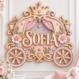 May include: A wall-mounted wooden sign shaped like a carriage, featuring the name SOFIA in large letters. The design includes a crown, lanterns, pink flowers, and heart accents in soft pastel shades of pink, cream, and light purple.