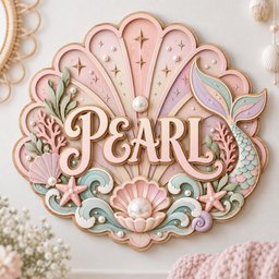 May include: A layered wooden wall sign shaped like a seashell, featuring the word PEARL in large script lettering. The design includes pastel pink, mint green, and cream colors, decorated with starfish, seaweed, waves, and small pearl beads.