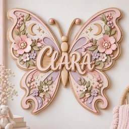 May include: A layered wooden wall decoration shaped like a butterfly with the name CLARA in raised script lettering. The design features soft pink, lavender, and sage green floral accents, crescent moons, and small stars on a light wood base.