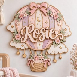 May include: A layered wooden wall sign shaped like a hot air balloon in pastel pink, purple, and cream. The name Rosie is written in script across the center. The design features clouds, stars, a crescent moon, and floral accents.