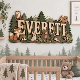 May include: A layered wooden wall sign featuring the name EVERETT in large capital letters, surrounded by a forest scene with an owl, fox, rabbit, bear, hedgehog, and squirrel, accented by pine trees, mountains, ferns, and mushrooms in earth tones.