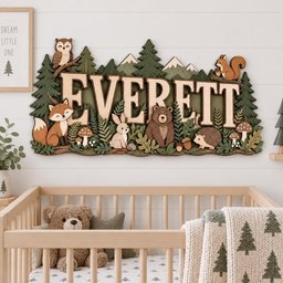 May include: A layered wooden wall sign featuring the name EVERETT in large capital letters, surrounded by a forest scene with a brown bear, fox, owl, squirrel, hedgehog, and rabbit, accented by green pine trees, mushrooms, and mountain peaks.