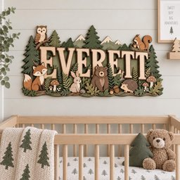 May include: A layered wooden wall sign featuring the name EVERETT in large capital letters, surrounded by cutout figures of an owl, fox, rabbit, bear, hedgehog, and squirrel, set against a backdrop of green pine trees and mountain peaks.
