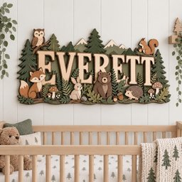 May include: A wooden wall sign featuring the name EVERETT in large capital letters, surrounded by layered forest elements including pine trees, mountains, and woodland animals like an owl, fox, rabbit, bear, hedgehog, and squirrel.