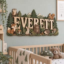 May include: A wooden wall sign featuring the name EVERETT in large capital letters, surrounded by layered cutouts of a forest scene including an owl, fox, rabbit, bear, squirrel, hedgehog, mushrooms, pine trees, and mountain peaks in green and brown.
