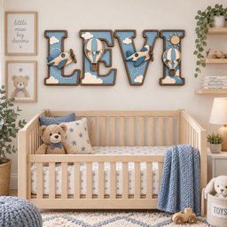 May include: A wooden wall sign spelling LEVI in large block letters with a blue background, featuring 3D cutouts of airplanes, hot air balloons, clouds, and a sun. The letters are framed in dark wood and mounted above a light wood crib.