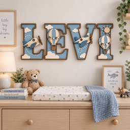 May include: A set of four large wooden letters spelling LEVI, featuring a blue sky background with white clouds, two airplanes, two hot air balloons, and a sun. Each letter has a dark brown border, creating a dimensional wall decor piece.