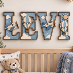 May include: A set of four wooden wall letters spelling LEVI, featuring a light blue background with layered cutouts of airplanes, hot air balloons, clouds, and a sun. Each letter has a dark wood border and a sky-themed design with blue accents.