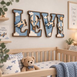 May include: A set of four wooden wall letters spelling LEVI, featuring a blue and cream color palette with layered cutouts of airplanes, hot air balloons, clouds, and a sun. Each letter has a dark wood border and a light blue sky background.