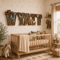 May include: A set of five large wooden wall letters spelling WYATT, each featuring intricate western-themed carvings including a cowboy hat, a windmill, a horse, cacti, and a lasso. The letters are mounted on a wall above a wooden crib.
