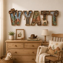 May include: A wall-mounted wooden sign spelling WYATT, featuring western-themed cutouts like cacti, a windmill, a horse, and a cowboy hat. Below, a wooden dresser holds a framed picture, a cowboy hat, books, and a lamp next to a chair with a pillow.