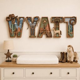 May include: A set of five wooden letters spelling WYATT, each featuring a desert-themed diorama with elements like a cowboy hat, lasso, windmill, cactus, horseshoe, and horse. The letters are mounted on a wall above a white changing pad.