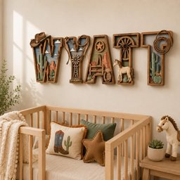 May include: A set of five wooden letters spelling WYATT, each featuring western-themed relief carvings including a cowboy hat, lasso, windmill, star, wagon wheel, horse, horseshoe, and cacti, displayed as wall decor above a wooden crib.