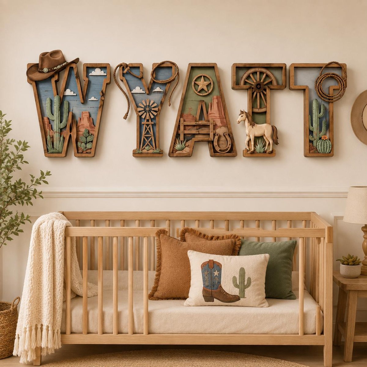May include: Five wooden wall letters spelling WYATT, each featuring intricate western-themed dioramas including a cowboy hat, lasso, windmill, star, horseshoe, wagon wheel, horse, and cacti, set against blue and green painted backgrounds.