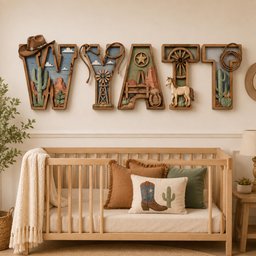 May include: Five wooden wall letters spelling WYATT, each featuring intricate western-themed dioramas including a cowboy hat, lasso, windmill, star, horseshoe, wagon wheel, horse, and cacti, set against blue and green painted backgrounds.