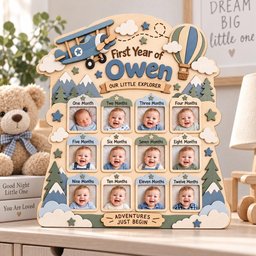 Personalized Airplane First Year Photo Board, Baby Milestone Frame, 12 Month Picture Display, Adventure Nursery Decor, Birthday Gift image 2