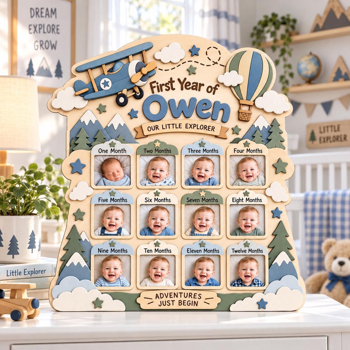 Personalized Airplane First Year Photo Board, Baby Milestone Frame, 12 Month Picture Display, Adventure Nursery Decor, Birthday Gift image 1