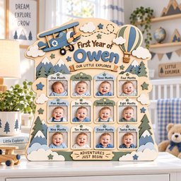 Personalized Airplane First Year Photo Board, Baby Milestone Frame, 12 Month Picture Display, Adventure Nursery Decor, Birthday Gift image 1