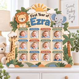 Personalized Safari First Year Photo Board, Custom Wooden Baby Milestone Frame, Jungle Animal 12 Month Picture Display, 1st Birthday Gift image 2