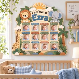 Personalized Safari First Year Photo Board, Custom Wooden Baby Milestone Frame, Jungle Animal 12 Month Picture Display, 1st Birthday Gift image 3