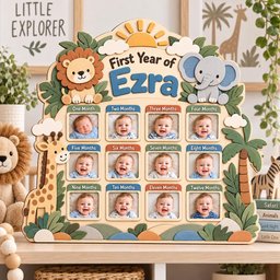 Personalized Safari First Year Photo Board, Custom Wooden Baby Milestone Frame, Jungle Animal 12 Month Picture Display, 1st Birthday Gift image 4