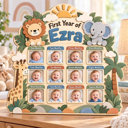 Personalized Safari First Year Photo Board, Custom Wooden Baby Milestone Frame, Jungle Animal 12 Month Picture Display, 1st Birthday Gift image 5