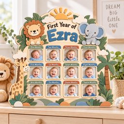 Personalized Safari First Year Photo Board, Custom Wooden Baby Milestone Frame, Jungle Animal 12 Month Picture Display, 1st Birthday Gift image 6