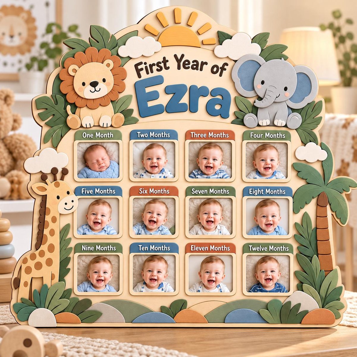 Personalized Safari First Year Photo Board, Custom Wooden Baby Milestone Frame, Jungle Animal 12 Month Picture Display, 1st Birthday Gift image 1