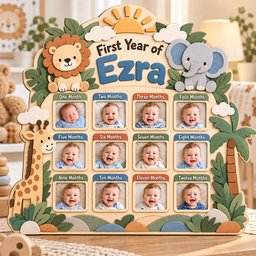 Personalized Safari First Year Photo Board, Custom Wooden Baby Milestone Frame, Jungle Animal 12 Month Picture Display, 1st Birthday Gift image 1