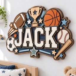 May include: A layered wooden wall sign featuring the name JACK in large white letters with dark outlines. The design includes a brown football, a gold trophy, an orange basketball, a black and white soccer ball, a baseball, and a wooden bat.