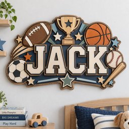 May include: A multi-layered wooden wall sign featuring the name JACK in large cream-colored letters. The design includes a football, basketball, soccer ball, baseball, trophy, and baseball bat, accented with various stars on a dark blue background.