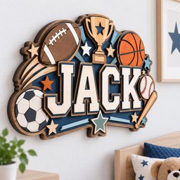 May include: A multi-layered wooden wall sign featuring the name JACK in large white letters with dark blue outlines. The design includes a brown football, a gold trophy, an orange basketball, a white soccer ball, a baseball, and a wooden bat.