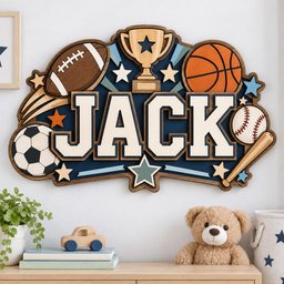 May include: A multi-layered wooden wall sign featuring the name JACK in large white letters with dark blue outlines. The design includes a football, basketball, soccer ball, baseball, trophy, and wooden bat, accented with various colored stars.