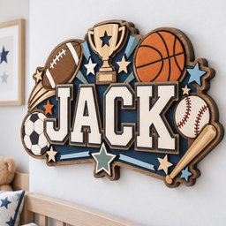 May include: A multi-layered wooden wall sign featuring the name JACK in large white letters with dark blue outlines. The design includes a football, basketball, soccer ball, baseball, trophy, and baseball bat, accented with various stars in blue and orange.