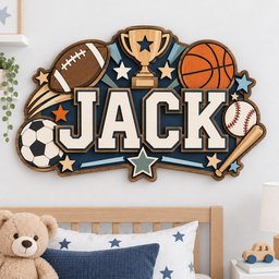 May include: A multi-layered wooden wall sign featuring the name JACK in large white letters on a dark blue background. The design includes a football, a trophy, a basketball, a soccer ball, a baseball, a baseball bat, and several star shapes.