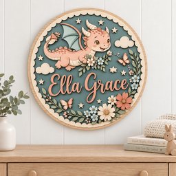 May include: A circular wooden wall sign featuring a light pink cartoon dragon, flowers, butterflies, and stars on a muted teal background. The name Ella Grace is written in a cursive script in the center. The sign has a scalloped edge border.