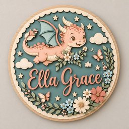 May include: A circular wooden wall sign featuring a layered design with a light pink dragon, small butterflies, and floral accents on a teal background. The name Ella Grace is written in a cursive pink font in the center, surrounded by stars and clouds.