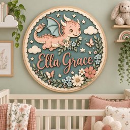 May include: A circular wooden wall sign featuring a light pink dragon with teal wings, surrounded by flowers, butterflies, and stars on a teal background. The name Ella Grace is written in large, pink cursive script in the center of the sign.