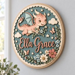 May include: A circular wooden wall sign featuring a layered design with a teal background. It displays a pink dragon, small clouds, stars, butterflies, and floral arrangements. The name Ella Grace is written in a pink script font in the center.