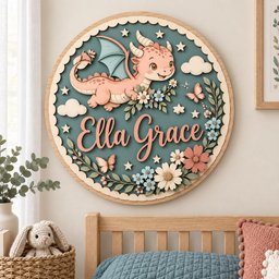 May include: A circular wooden wall sign featuring a layered design with a teal background. A light pink dragon with teal wings is centered above the text Ella Grace in pink script. The sign is decorated with flowers, butterflies, and stars.