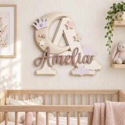 May include: A wall-mounted wooden sign featuring a large letter A integrated with a crescent moon, decorated with a crown, stars, and clouds. The name Amelia is written in cursive script across the center in a muted mauve color.
