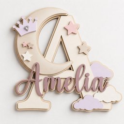 May include: A layered wooden wall decoration featuring a large letter A, a crescent moon, and the name Amelia in cursive script. The piece is decorated with a light purple crown with a faux gem, various stars in pink and beige, and clouds.