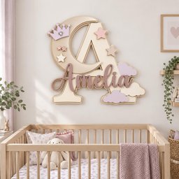 May include: A large wall-mounted wooden letter A featuring a crescent moon, a crown with a central gem, and several stars. The name Amelia is written in cursive script across the center. The design includes layered clouds in shades of pink and cream.