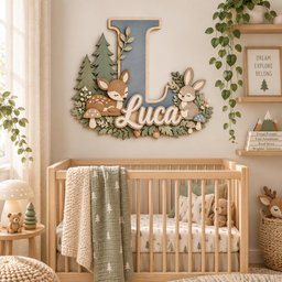 May include: A large wooden wall sign featuring a blue letter L, the name Luca in white script, a brown fawn, a grey rabbit, green pine trees, and mushrooms. The sign is mounted above a wooden crib with a green and white tree-patterned blanket.
